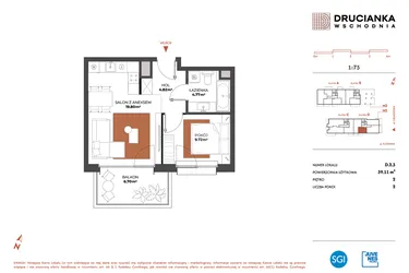Rzut - Mieszkanie na sprzedaż 2 pokoje o powierzchni 39,11 m² - numer D.2.3 w Drucianka Wschodnia