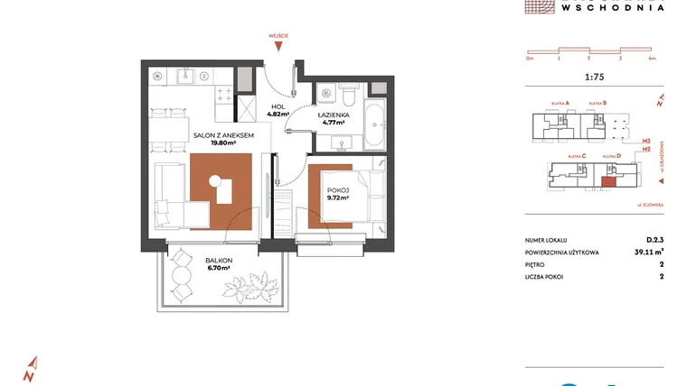 Rzut - Mieszkanie na sprzedaż 2 pokoje o powierzchni 39,11 m² - numer D.2.3 w Drucianka Wschodnia