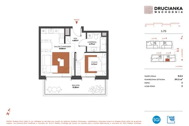 Rzut - Mieszkanie na sprzedaż 2 pokoje o powierzchni 39,11 m² - numer D.3.3 w Drucianka Wschodnia