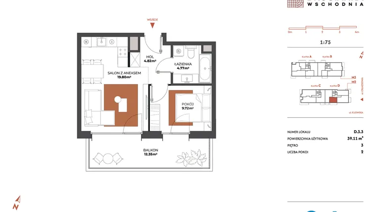 Rzut - Mieszkanie na sprzedaż 2 pokoje o powierzchni 39,11 m² - numer D.3.3 w Drucianka Wschodnia