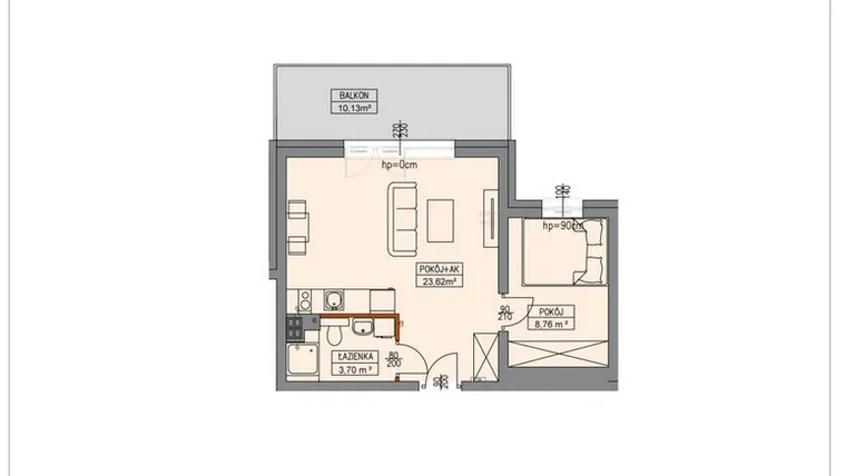 Rzut - Mieszkanie na sprzedaż 2 pokoje o powierzchni 35,91 m² - numer B1.1.12.2a w Stegna Park II