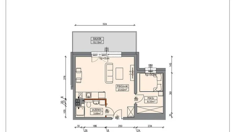 Rzut - Mieszkanie na sprzedaż 2 pokoje o powierzchni 35,57 m² - numer B4.1.12.2A w Stegna Park II