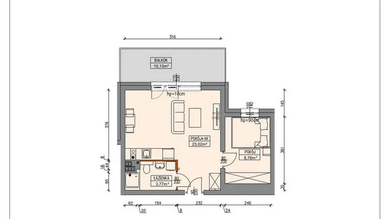 Rzut - Mieszkanie na sprzedaż 2 pokoje o powierzchni 35,45 m² - numer B5.1.12.2A w Stegna Park II