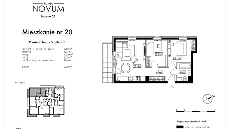 Rzut - Mieszkanie na sprzedaż 3 pokoje o powierzchni 51,04 m² - numer B22.M20 w Novum Rumia - bud. 22