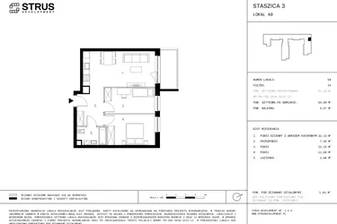 Rzut - Mieszkanie na sprzedaż 3 pokoje o powierzchni 54,69 m² - numer 4.A9 w Staszica 3