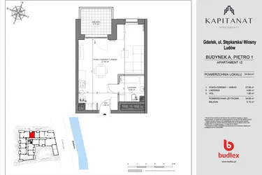 Rzut - Mieszkanie na sprzedaż 1 pokój o powierzchni 34,08 m² - numer A12 w Kapitanat A