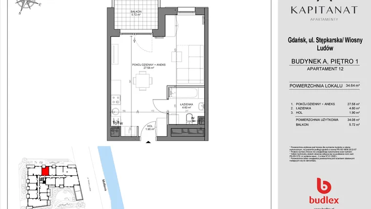 Rzut - Mieszkanie na sprzedaż 1 pokój o powierzchni 34,08 m² - numer A12 w Kapitanat A