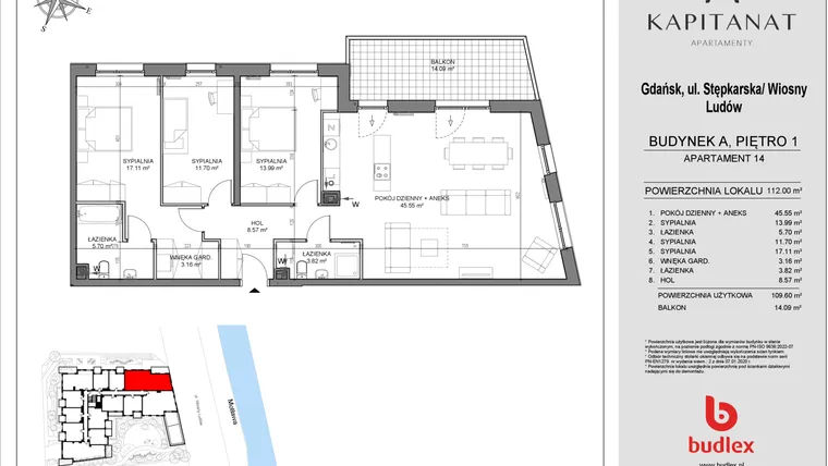 Rzut - Mieszkanie na sprzedaż 4 pokoje o powierzchni 109,6 m² - numer A14 w Kapitanat A