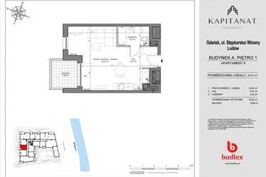 Rzut - Mieszkanie na sprzedaż 1 pokój o powierzchni 33,52 m² - numer A9 w Kapitanat A