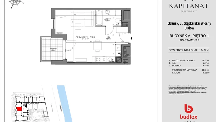 Rzut - Mieszkanie na sprzedaż 1 pokój o powierzchni 33,52 m² - numer A9 w Kapitanat A