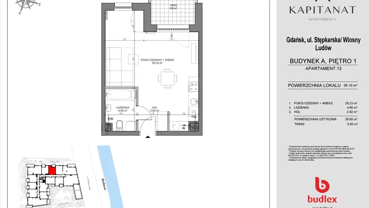 Rzut - Mieszkanie na sprzedaż 1 pokój o powierzchni 35,65 m² - numer A13 w Kapitanat A