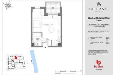 Rzut - Mieszkanie na sprzedaż 1 pokój o powierzchni 35,65 m² - numer A13 w Kapitanat A