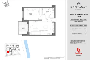 Rzut - Mieszkanie na sprzedaż 2 pokoje o powierzchni 45,05 m² - numer A21 w Kapitanat A