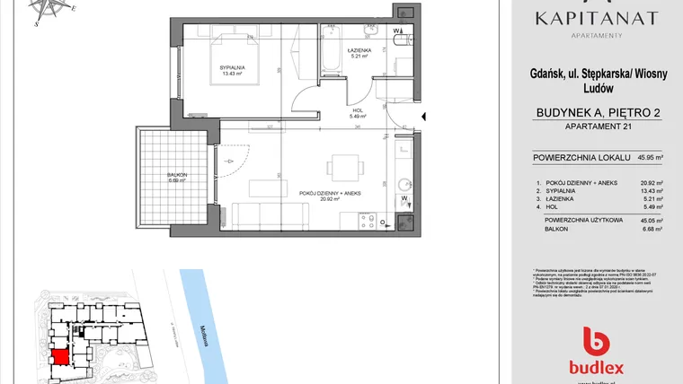 Rzut - Mieszkanie na sprzedaż 2 pokoje o powierzchni 45,05 m² - numer A21 w Kapitanat A