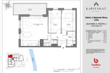 Rzut - Mieszkanie na sprzedaż 3 pokoje o powierzchni 70,75 m² - numer A36 w Kapitanat A