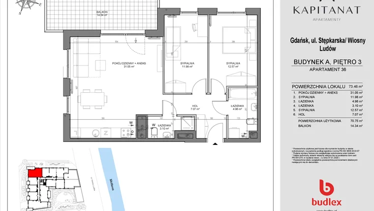 Rzut - Mieszkanie na sprzedaż 3 pokoje o powierzchni 70,75 m² - numer A36 w Kapitanat A