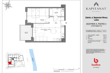 Rzut - Mieszkanie na sprzedaż 2 pokoje o powierzchni 45,05 m² - numer A33 w Kapitanat A