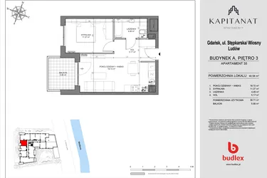 Rzut - Mieszkanie na sprzedaż 2 pokoje o powierzchni 39,71 m² - numer A35 w Kapitanat A