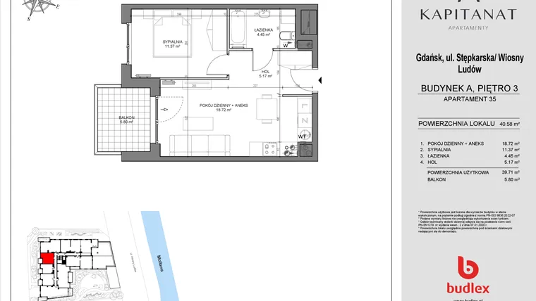 Rzut - Mieszkanie na sprzedaż 2 pokoje o powierzchni 39,71 m² - numer A35 w Kapitanat A