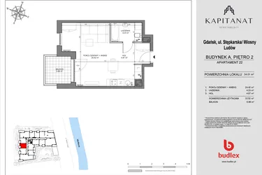 Rzut - Mieszkanie na sprzedaż 1 pokój o powierzchni 33,52 m² - numer A22 w Kapitanat A