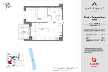 Rzut - Mieszkanie na sprzedaż 2 pokoje o powierzchni 45 m² - numer A41 w Kapitanat A