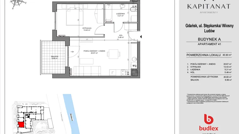 Rzut - Mieszkanie na sprzedaż 2 pokoje o powierzchni 45 m² - numer A41 w Kapitanat A