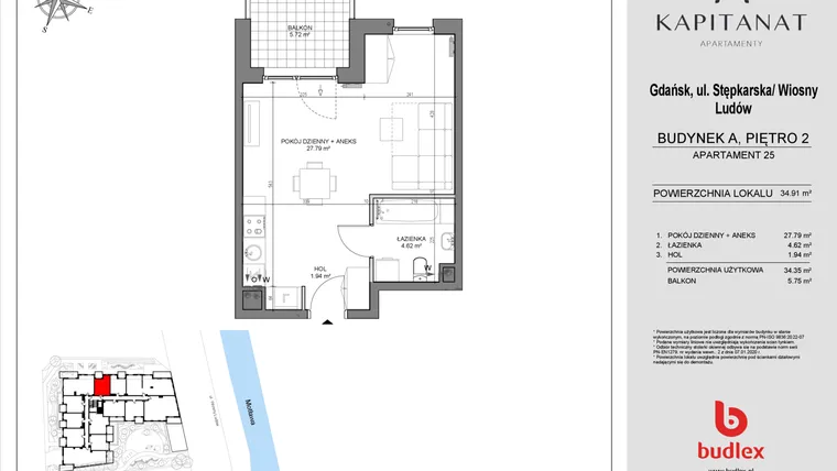 Rzut - Mieszkanie na sprzedaż 1 pokój o powierzchni 34,35 m² - numer A25 w Kapitanat A