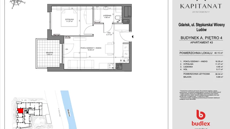 Rzut - Mieszkanie na sprzedaż 2 pokoje o powierzchni 39,34 m² - numer A43 w Kapitanat A