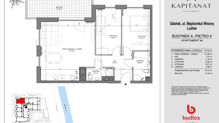 Rzut - Mieszkanie na sprzedaż 3 pokoje o powierzchni 70,75 m² - numer A44 w Kapitanat A