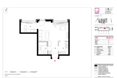 Rzut - Mieszkanie na sprzedaż 1 pokój o powierzchni 40,68 m² - numer H61 w 19. Dzielnica Etap V