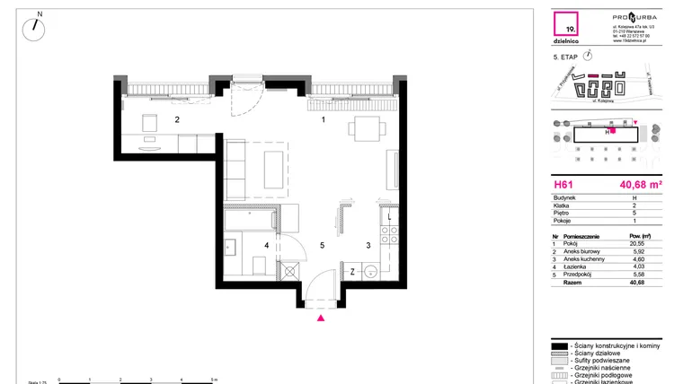 Rzut - Mieszkanie na sprzedaż 1 pokój o powierzchni 40,68 m² - numer H61 w 19. Dzielnica Etap V
