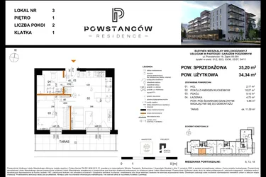 Rzut - Mieszkanie na sprzedaż 2 pokoje o powierzchni 34,45 m² - numer 3 w Powstańców Residence