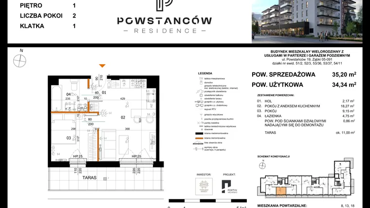 Rzut - Mieszkanie na sprzedaż 2 pokoje o powierzchni 34,45 m² - numer 3 w Powstańców Residence