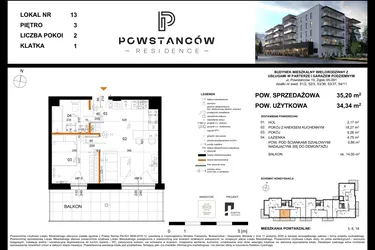 Rzut - Mieszkanie na sprzedaż 2 pokoje o powierzchni 34,44 m² - numer 13 w Powstańców Residence
