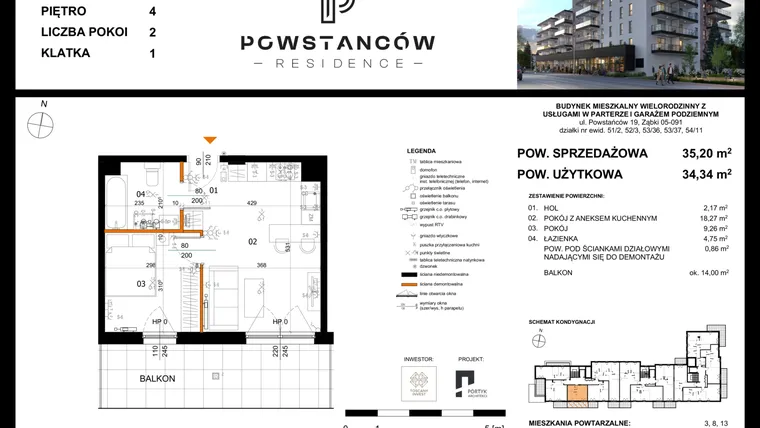 Rzut - Mieszkanie na sprzedaż 2 pokoje o powierzchni 34,46 m² - numer 18 w Powstańców Residence