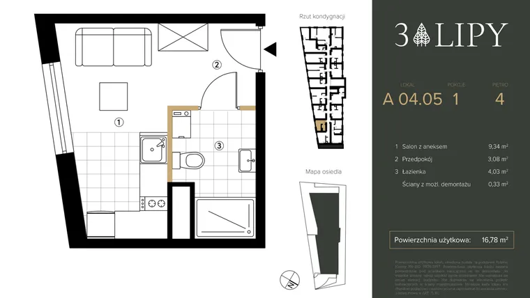 Rzut - Mieszkanie na sprzedaż 1 pokój o powierzchni 16,78 m² - numer A.04.05 w 3 lipy