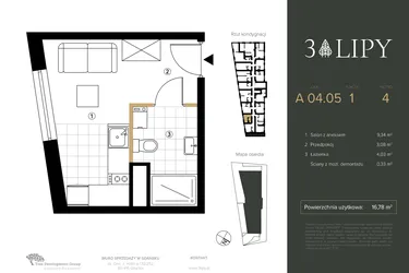 Rzut - Mieszkanie na sprzedaż 1 pokój o powierzchni 16,78 m² - numer A.04.05 w 3 lipy