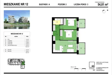 Rzut - Mieszkanie na sprzedaż 3 pokoje o powierzchni 55,11 m² - numer A.12 w Panorama Kwiatkowskiego River