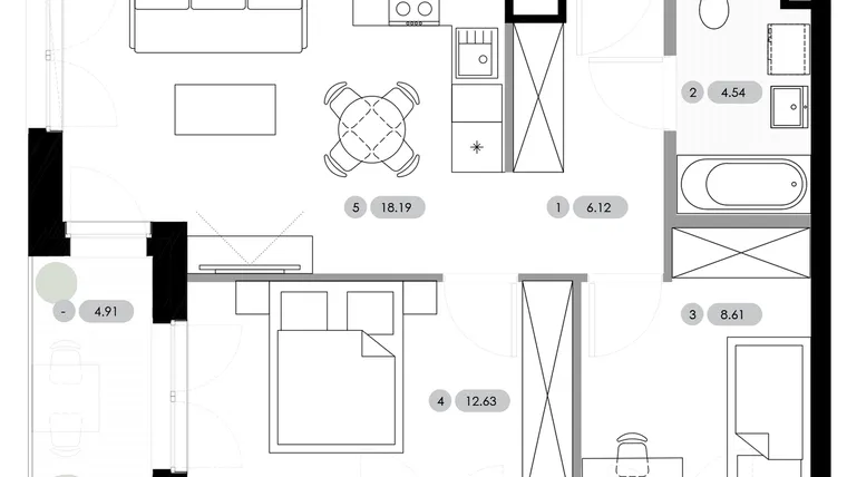 Rzut - Mieszkanie na sprzedaż 3 pokoje o powierzchni 50,09 m² - numer B.1.M6 w Nowe Radwanice