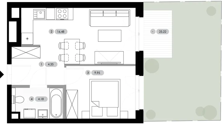 Rzut - Mieszkanie na sprzedaż 2 pokoje o powierzchni 34,96 m² - numer B.0.M1 w Nowe Radwanice