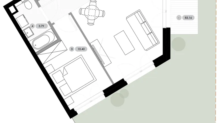 Rzut - Mieszkanie na sprzedaż 2 pokoje o powierzchni 41,79 m² - numer B.0.M4 w Nowe Radwanice