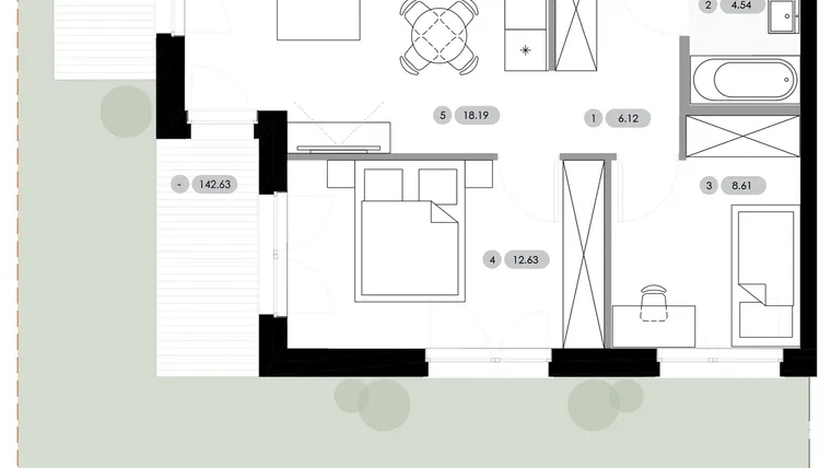Rzut - Mieszkanie na sprzedaż 3 pokoje o powierzchni 50,09 m² - numer B.0.M6 w Nowe Radwanice