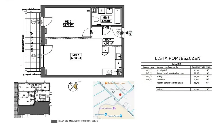 Rzut - Mieszkanie na sprzedaż 2 pokoje o powierzchni 46,79 m² - numer M5 w Jeziorna 1