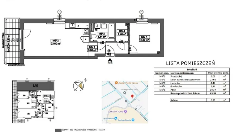 Rzut - Mieszkanie na sprzedaż 2 pokoje o powierzchni 45,95 m² - numer M6 w Jeziorna 1