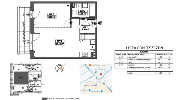 Rzut - Mieszkanie na sprzedaż 2 pokoje o powierzchni 46,91 m² - numer M8 w Jeziorna 1