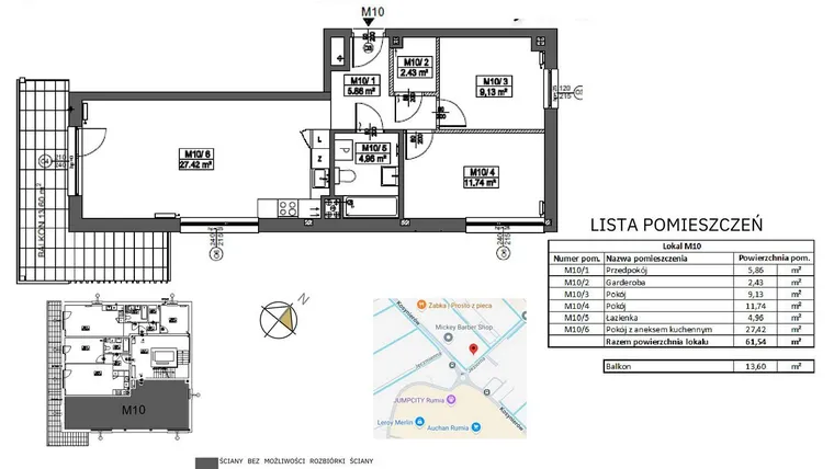Rzut - Mieszkanie na sprzedaż 3 pokoje o powierzchni 61,54 m² - numer M10 w Jeziorna 1
