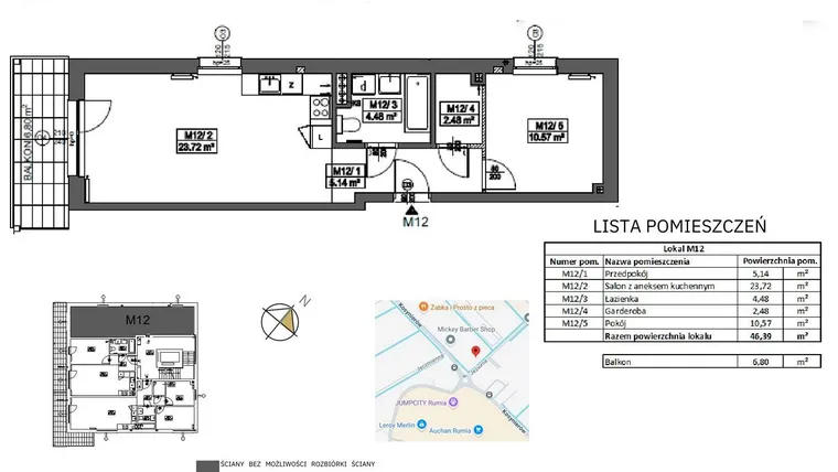 Rzut - Mieszkanie na sprzedaż 2 pokoje o powierzchni 46,39 m² - numer M12 w Jeziorna 1