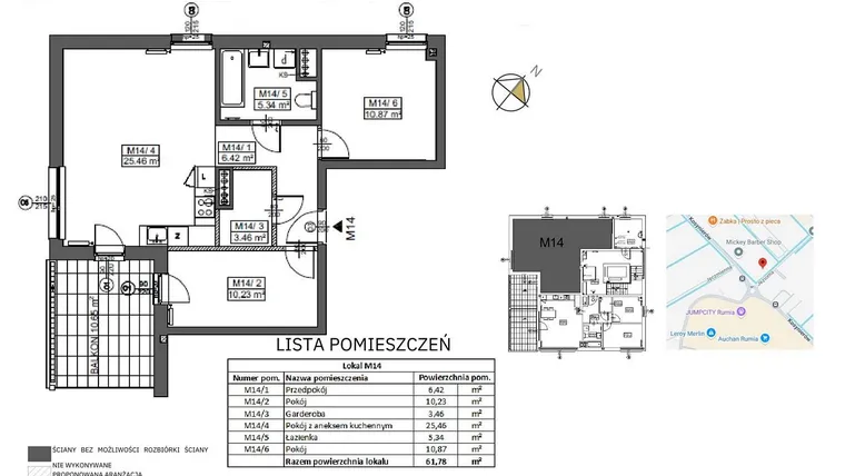 Rzut - Mieszkanie na sprzedaż 4 pokoje o powierzchni 61,78 m² - numer M14 w Jeziorna 1