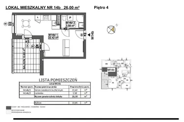 Rzut - Mieszkanie na sprzedaż 1 pokój o powierzchni 26 m² - numer M14B w Jeziorna 1