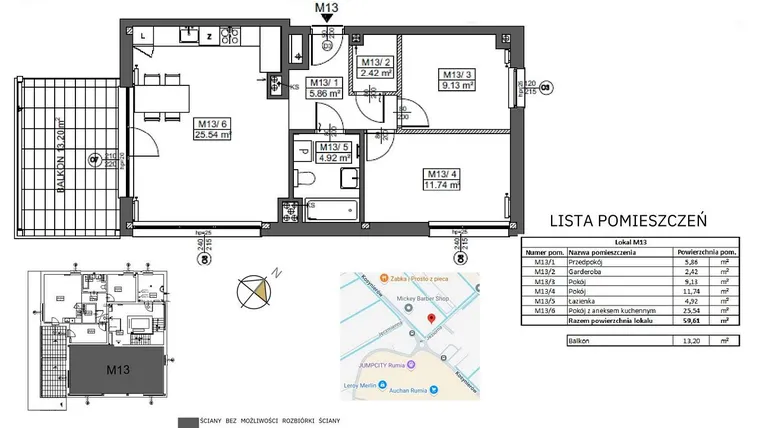 Rzut - Mieszkanie na sprzedaż 3 pokoje o powierzchni 59,61 m² - numer M13 w Jeziorna 1